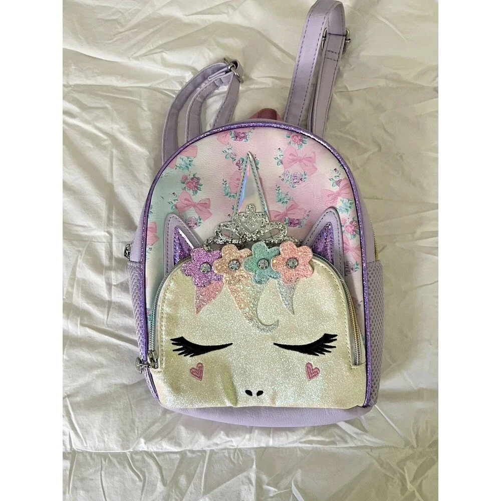 OMG Unicorn Miss Gwen Backpack Purse Purple Glitter Horn 2 Zip Pockets Floral